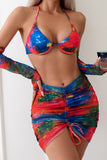 Sexy Print Tie Dye Bandage Backless Swimsuit Three Piece Set (With Sleeves)