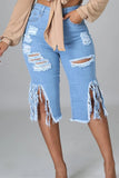 Fashion Casual Solid Tassel Ripped High Waist Jeans