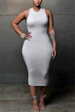 Active Black Light Gray Tank Sleeveless O neck Pencil Dress Mid-Calf Solid hollow out Dresses