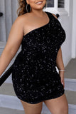 Sexy Solid Sequins Patchwork Backless Oblique Collar Sleeveless Plus Size Dress