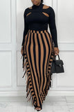 Fashion Casual Striped Print Tassel Split Joint Regular High Waist Skirt