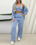 Striped Crop Cami Top & Pocket Design Pants Set With Buttoned Coat