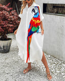 Parrot Print Batwing Sleeve Maxi Shirt Dress