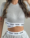 ChicMe Letter Tape Patch Crop Top & Shorts Set