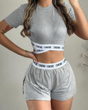 ChicMe Letter Tape Patch Crop Top & Shorts Set
