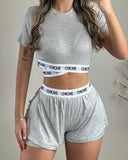 ChicMe Letter Tape Patch Crop Top & Shorts Set