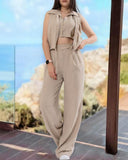 Fake Two Piece Buttoned Top & Tied Detail Pocket Design Pants Set
