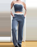 Contrast Binding Bandeau Ribbed Top & Pocket Design Pants Set