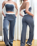 Contrast Binding Bandeau Ribbed Top & Pocket Design Pants Set