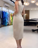 Ruched Sleeveless Slit Fake Two Piece Midi Dress