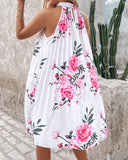 Floral Print Halter Casual Pleated Dress