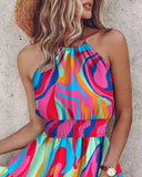 Multi Color Abstract Print Halter Shirred Dress