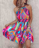 Multi Color Abstract Print Halter Shirred Dress
