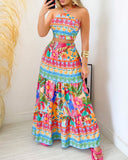Tropical Print Halter Top & Maxi Skirt Set
