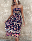 Floral Print Shirred Halter Dress