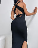 Crisscross Backless Tied Detail Ribbed Dress