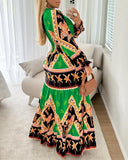 Colorblock Geometric Tropical Print Long Sleeve Dress