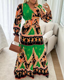 Colorblock Geometric Tropical Print Long Sleeve Dress