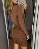 Mock Neck Knotted Long Sleeve Bodycon Dress