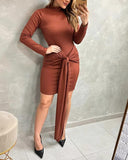 Mock Neck Knotted Long Sleeve Bodycon Dress