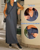 V Neck Pocket Design Slit Casual Dress