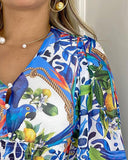 Tropical Animal Print Shirred Buttoned Top
