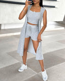 U Neck Ribbed Top & Drawstring Shorts Set With Open Front Coat