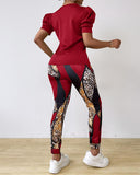 Puff Sleeve Top & Baroque Leopard Print Pants Set