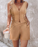 Lace up Buttoned Vest Top & Pocket Design Shorts Set