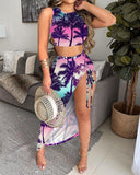 Coconut Tree Print Ombre Top & High Slit Skirt Set