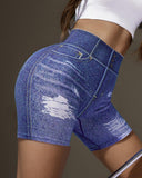 Denim Look Print High Waist Active Shorts