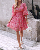 Pink Ditsy Floral Print Lantern Sleeve Ruffles Shirred Dress