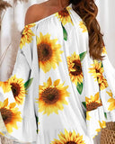Sunflower Print Bell Sleeve Ruffle Hem Swing Dress