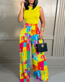 Melting Colors All Over Print Sleeveless O neck Jumpsuit