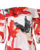 Off Shoulder Tropical Print Scallop Trim High Slit Dress