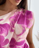 Floral Tie Dye Print Skew Neck Ruched Top
