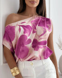 Floral Tie Dye Print Skew Neck Ruched Top