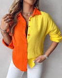 Colorblock Buttoned Long Sleeve Top