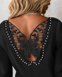 Butterfly Embroidery Beaded Ribbed Top