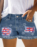 Independence Day Flag Print Patchwork Raw Hem Denim Shorts