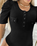 Puff Sleeve Flap Detail Buttoned Bodysuit