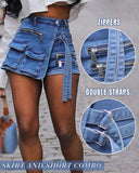 Multi Pocket Zipper Design Wrap Front Asymmetrical Hem Denim Shorts