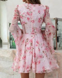 Floral Print Bell Sleeve Plunge Dress