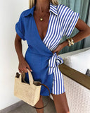 Striped Tied Detail Turn down Collar Overlap Romper