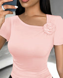 Rose Detail Asymmetrical Neck T Shirt