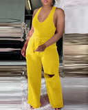 U Neck Bodysuit & Drawstring Cutout Wide Leg Pants Set