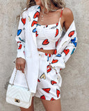 Heart Letter Print Cami Top & Shorts Set With Blazer Coat