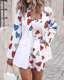 Heart Letter Print Cami Top & Shorts Set With Blazer Coat