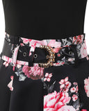 Hollow Out Tank Top & Floral Print Shorts Set With Belt
