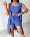 U Neck Ribbed Top & Drawstring Shorts Set With Open Front Coat